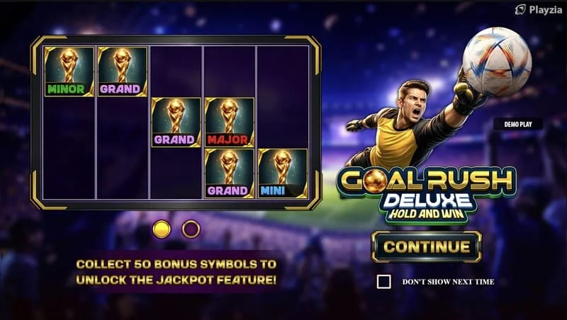 Goal Rush Deluxe - menu principal com bobinas e arquibancadas do estádio